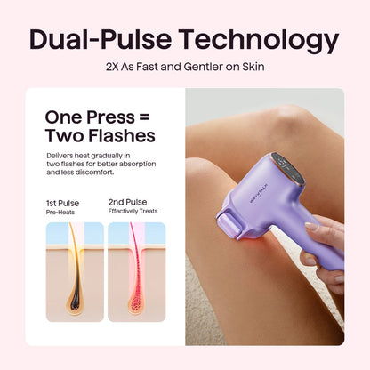 Purple handheld device with dual-pulse technology on a light background