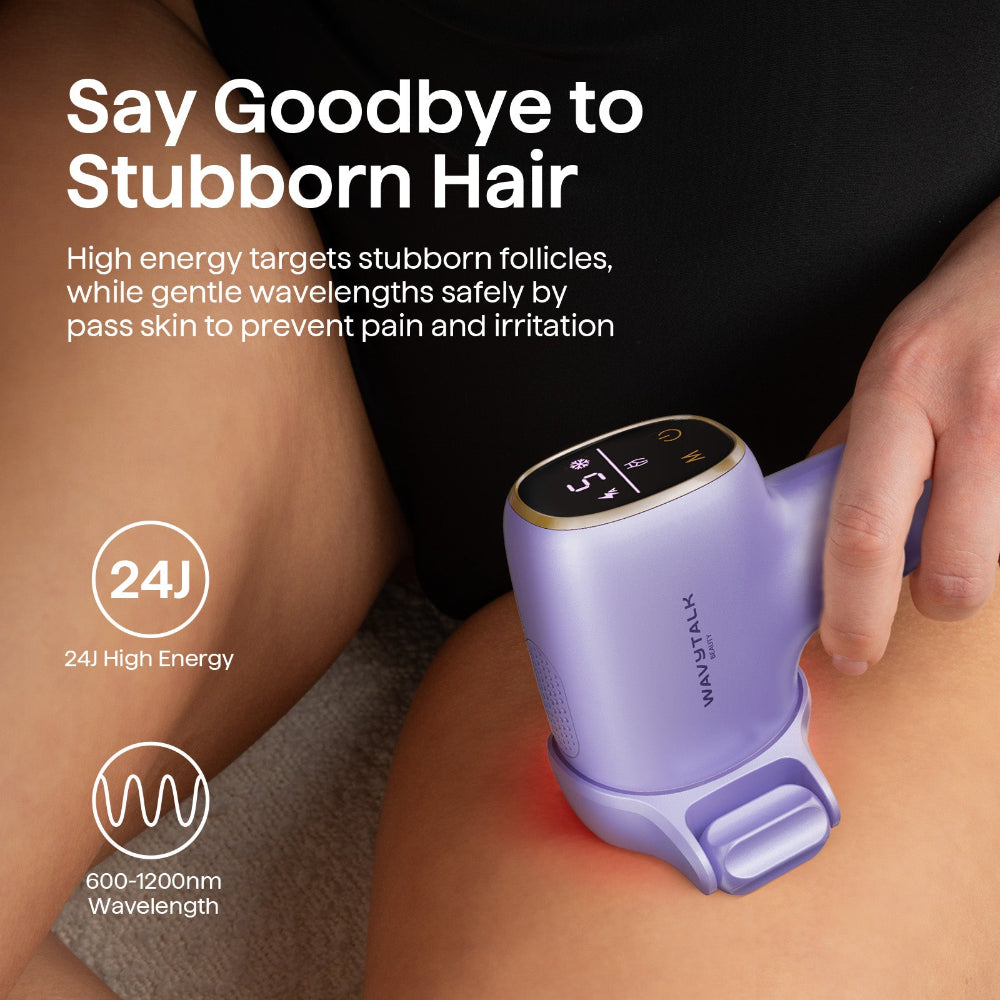 Purple hair removal device being used on skin with text about high energy and wavelength.
