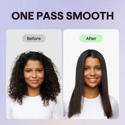 Before and after comparison of Steam Sesh hair straightening treatment with text 'One Pass Smooth' on a purple background.