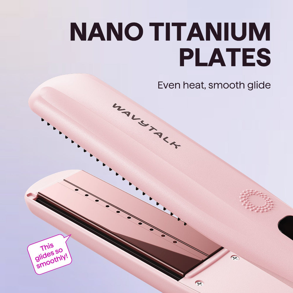 Pink Steam Sesh hair straightener with gold plates on a light purple background, featuring 'Wavytalk' branding.