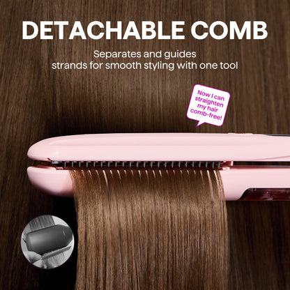 Pink Steam Sesh hair straightener with detachable comb on a wooden background