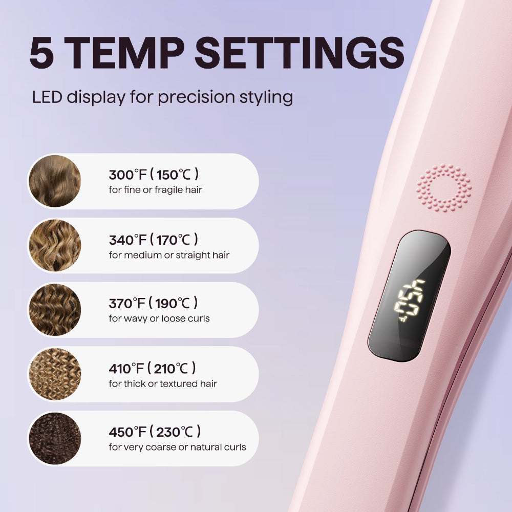 Pink Steam Sesh hair straightener with temperature settings displayed on a purple background