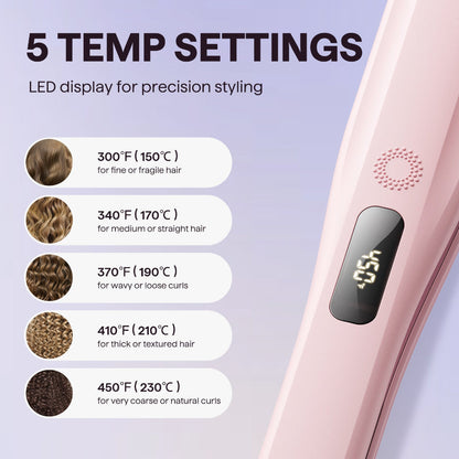 Pink Steam Sesh hair straightener with temperature settings displayed on a purple background