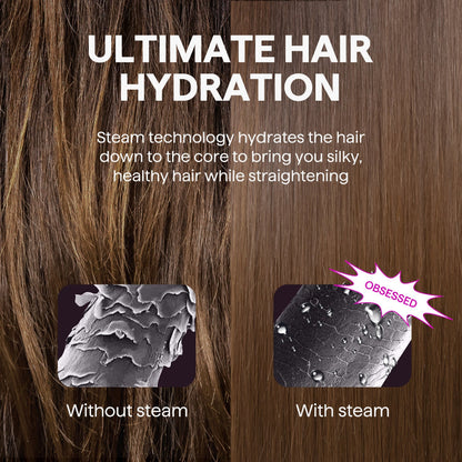 Advertisement for Steam Sesh hair straightening product with steam technology comparison.