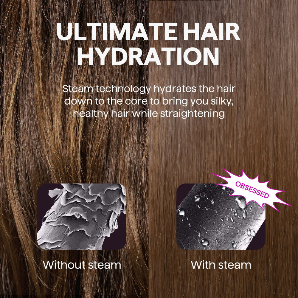 Advertisement for Steam Sesh hair straightening product with steam technology comparison.