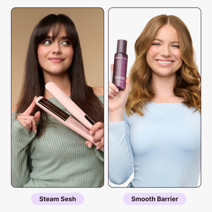 Two women holding hair care products with text labels 'Steam Sesh' and 'Smooth Barrier'.