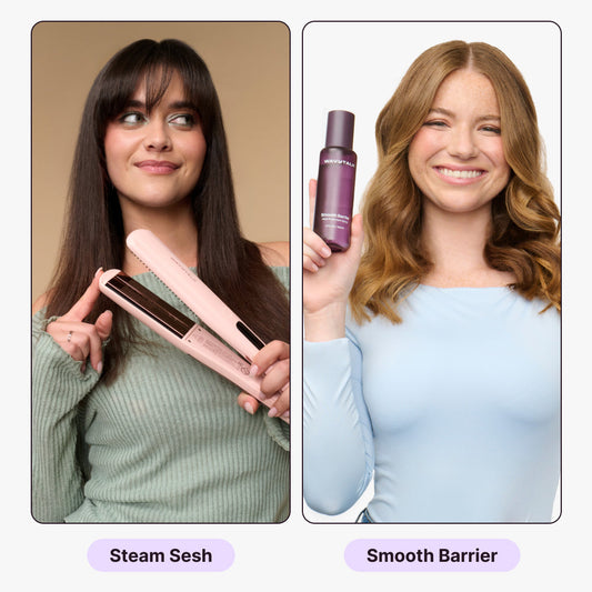 Two women holding hair care products with text labels 'Steam Sesh' and 'Smooth Barrier'.