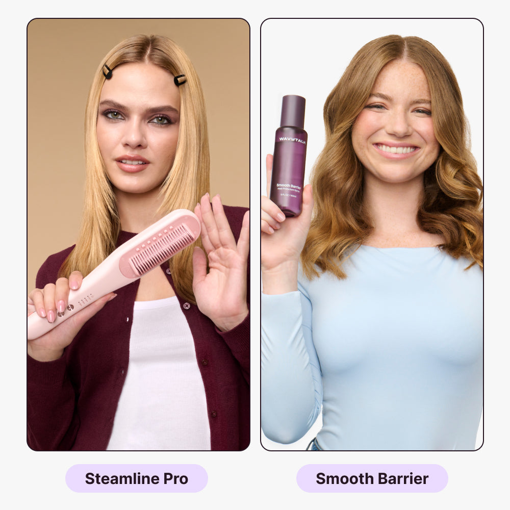 Two women using hair styling tools labeled 'Steamline Pro' and 'Smooth Barrier' on a split background.