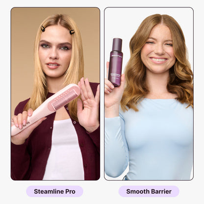 Two women using hair styling tools labeled 'Steamline Pro' and 'Smooth Barrier' on a split background.