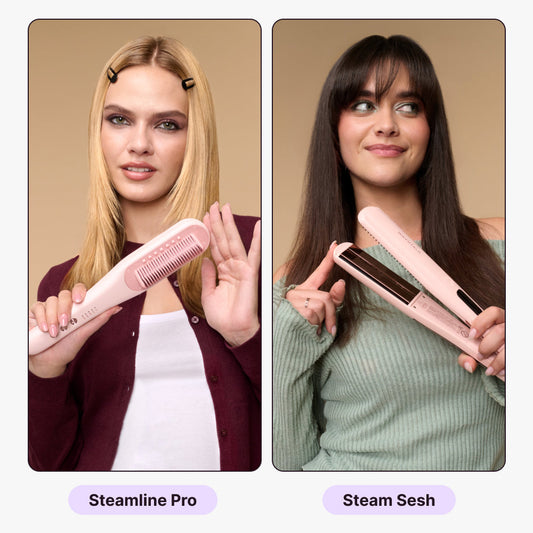 Two women holding hair straighteners labeled 'Steamline Pro' and 'Steam Sesh' against a beige background.