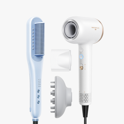 Blue Steamline Pro and white Turblow Pro with multiple attachments on a white background