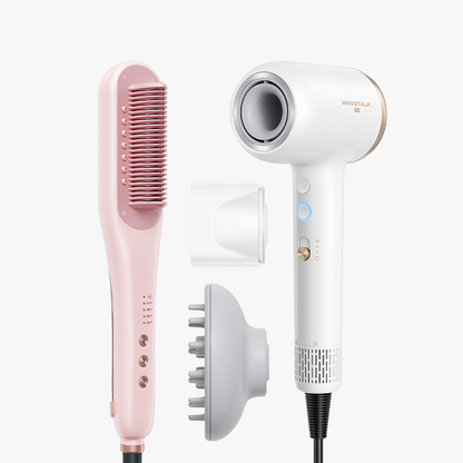 PinkSteamline Pro and white Turblow Pro with multiple attachments on a white background
