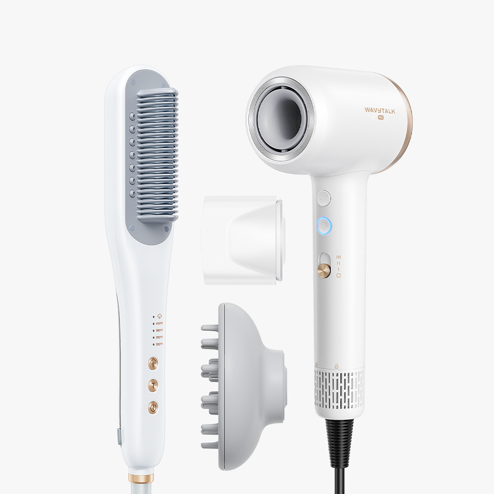 White Steamline Pro and white Turblow Pro with multiple attachments on a white background
