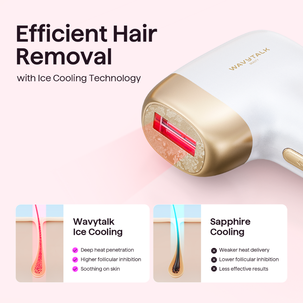 Hair removal device with ice cooling technology on a pink background