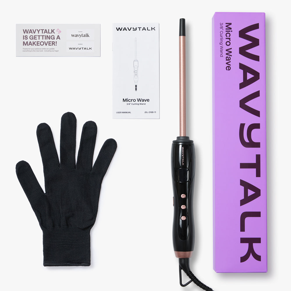 Rose gold WavyTalk Micro Wave with black glove and packaging on a white background