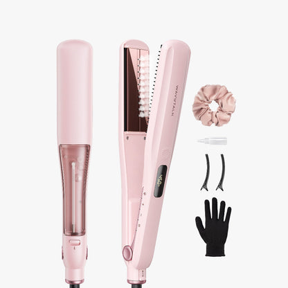 WavyTalk Pink Steam Sesh set with packaging, gloves, comb, scrunchie, and hair clips on a white background.