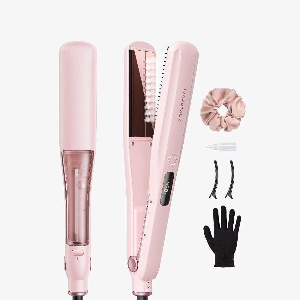 WavyTalk Pink Steam Sesh set with packaging, gloves, comb, scrunchie, and hair clips on a white background.