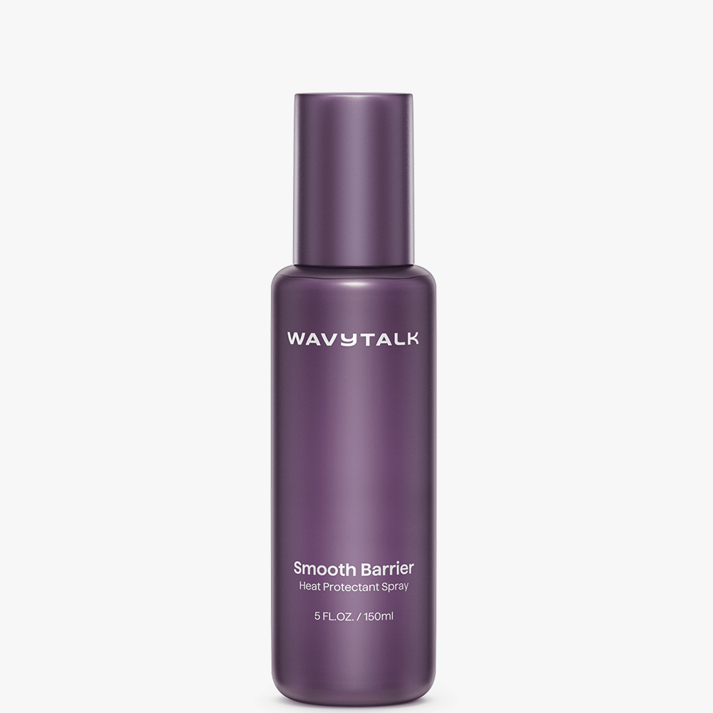 Purple bottle of WavyTalk Smooth Barrier Heat Protectant Spray on a white background