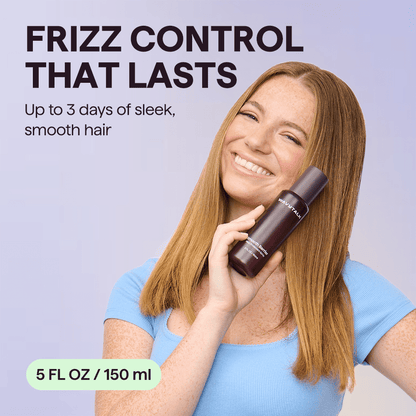 Woman holding a Smooth Barrier with text about frizz control on a light purple background