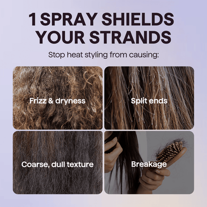 Smooth Barrier hair spray advertisement showcasing its benefits for improving hair texture and repairing damage, featuring a before and after comparison on a light purple background.