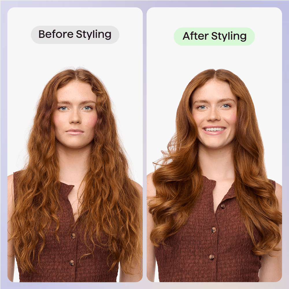 Before and after styling comparison of a woman's hair using Smooth Barrier hair oil to achieve a sleek, frizz-free finish.