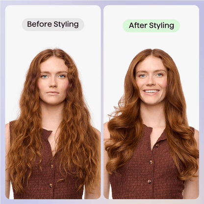 Before and after styling comparison of a woman's hair using Smooth Barrier hair oil to achieve a sleek, frizz-free finish.