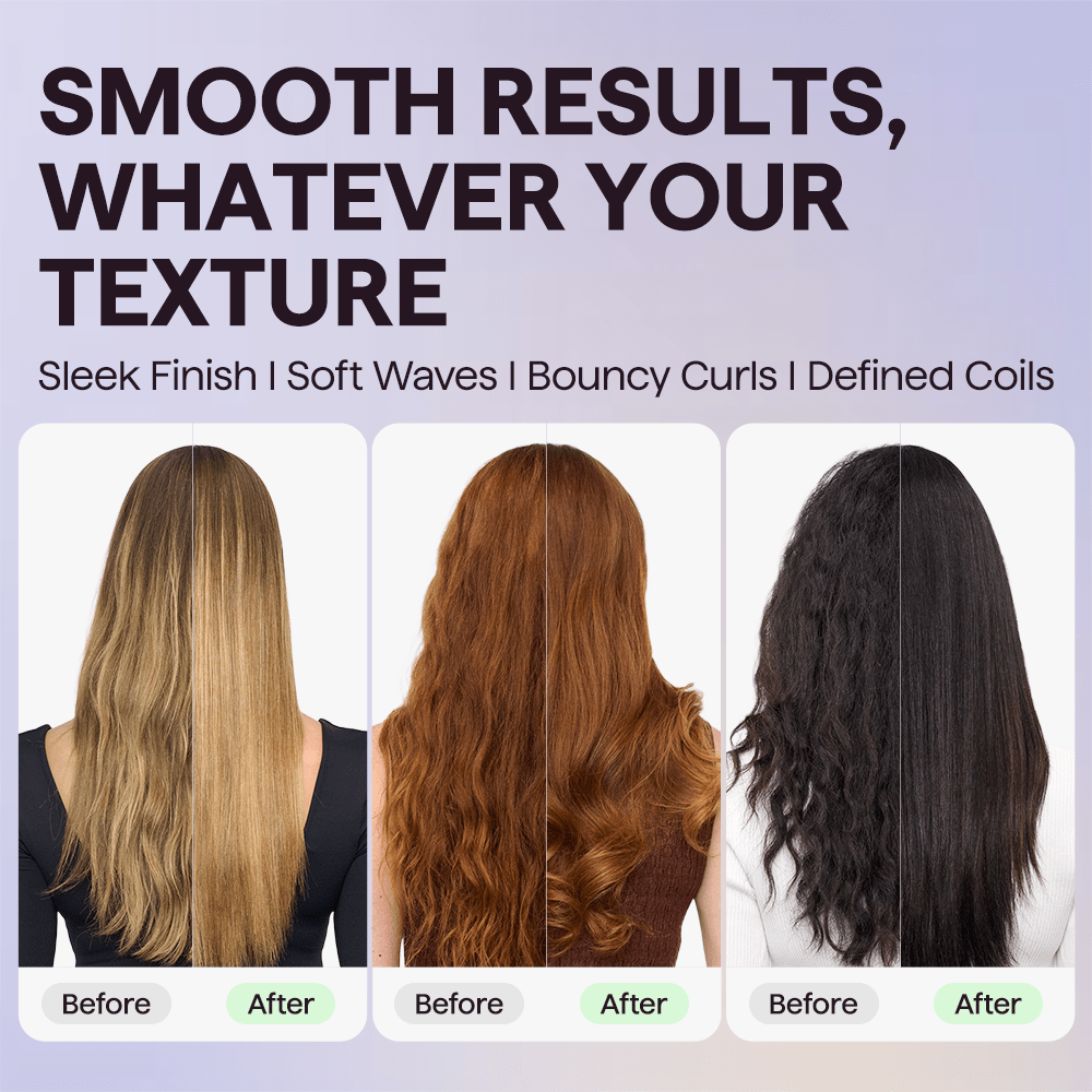 Before and after hair transformation using the Smooth Barrier, showcasing results across different hair textures on a light purple background.