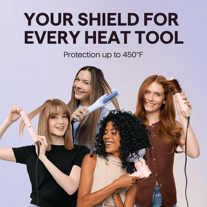 Four women using Wavytalk hair styling tools with text about product protection up to 450°F.